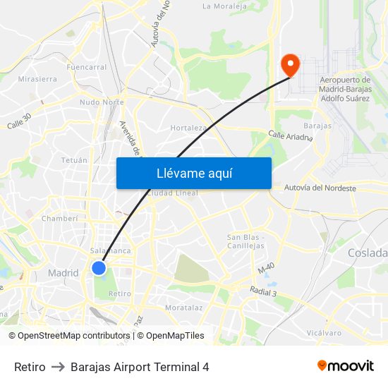 Retiro to Barajas Airport Terminal 4 map