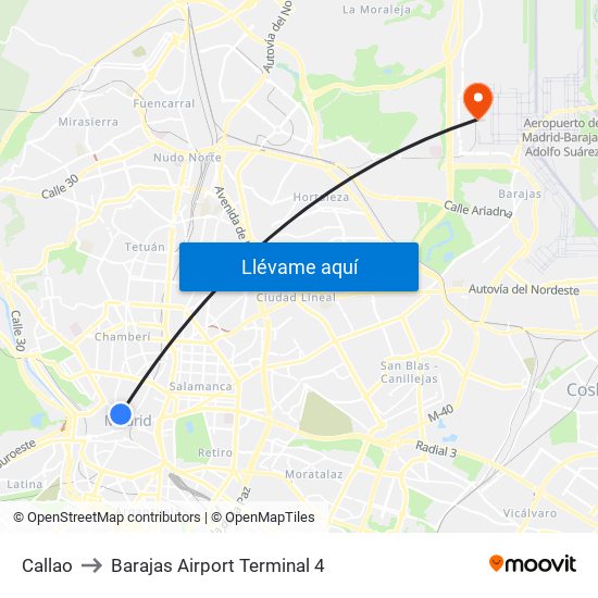 Callao to Barajas Airport Terminal 4 map