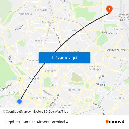 Urgel to Barajas Airport Terminal 4 map