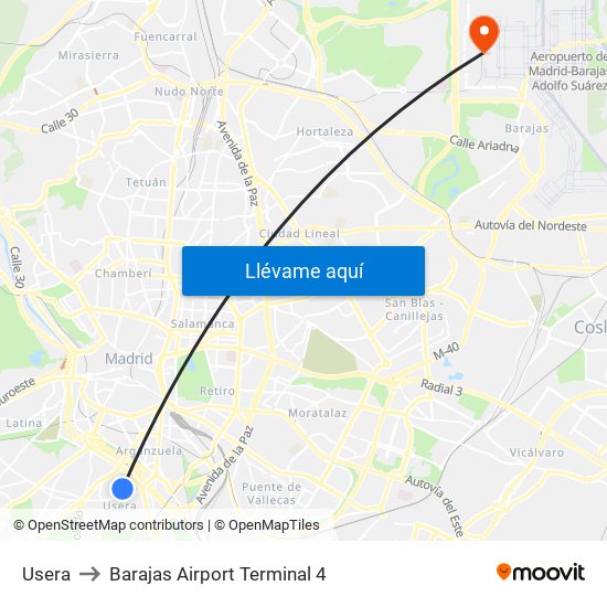 Usera to Barajas Airport Terminal 4 map