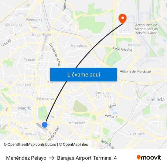 Menéndez Pelayo to Barajas Airport Terminal 4 map