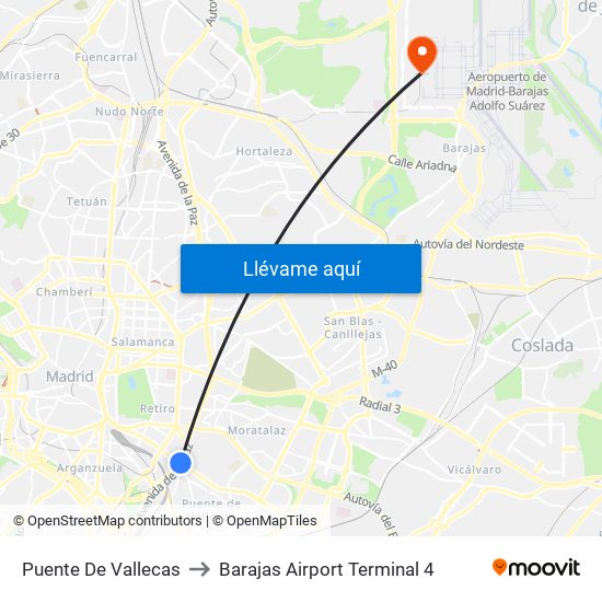 Puente De Vallecas to Barajas Airport Terminal 4 map