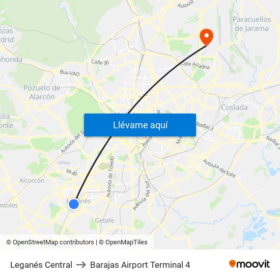 Leganés Central to Barajas Airport Terminal 4 map