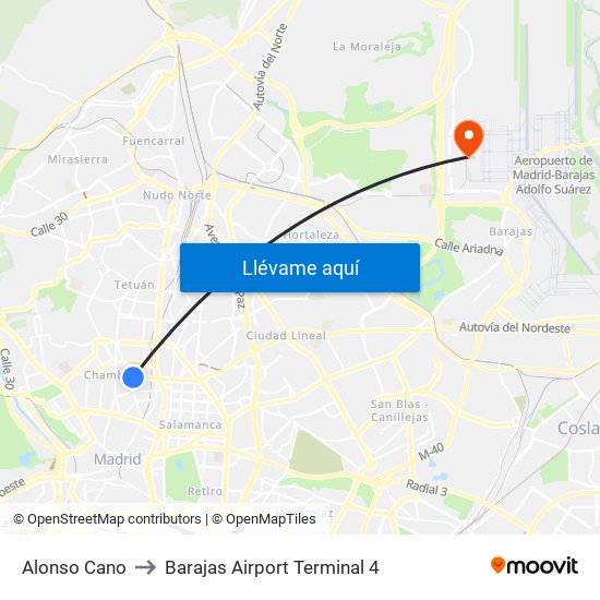 Alonso Cano to Barajas Airport Terminal 4 map