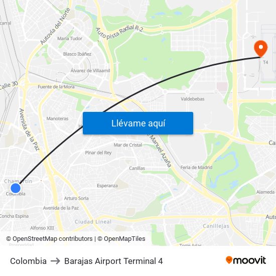 Colombia to Barajas Airport Terminal 4 map