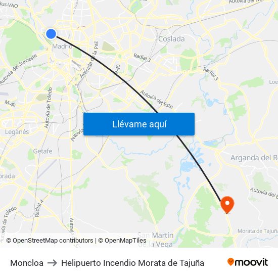 Moncloa to Helipuerto Incendio Morata de Tajuña map