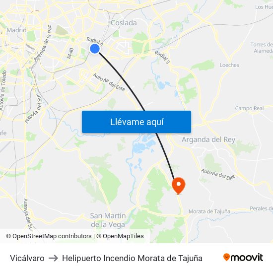 Vicálvaro to Helipuerto Incendio Morata de Tajuña map