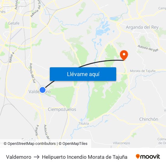 Valdemoro to Helipuerto Incendio Morata de Tajuña map