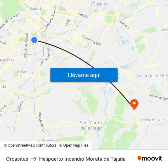 Orcasitas to Helipuerto Incendio Morata de Tajuña map