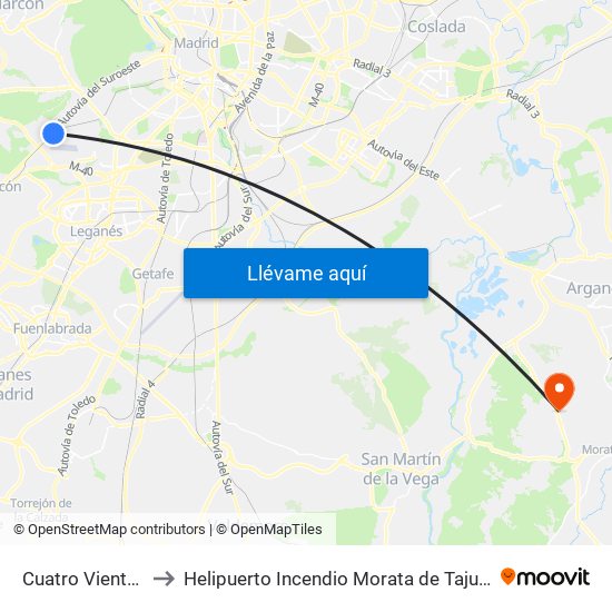 Cuatro Vientos to Helipuerto Incendio Morata de Tajuña map