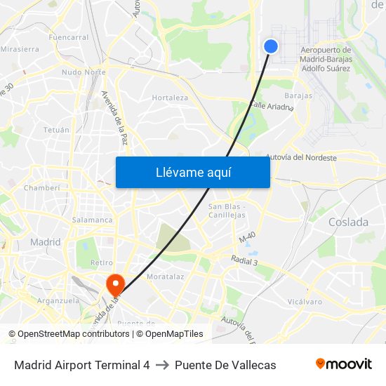 Madrid Airport Terminal 4 to Puente De Vallecas map