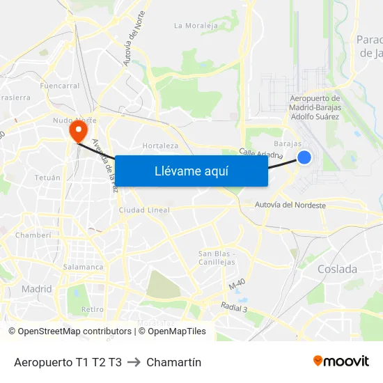 Aeropuerto T1 T2 T3 to Chamartín map