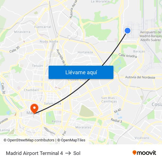 Madrid Airport Terminal 4 to Sol map