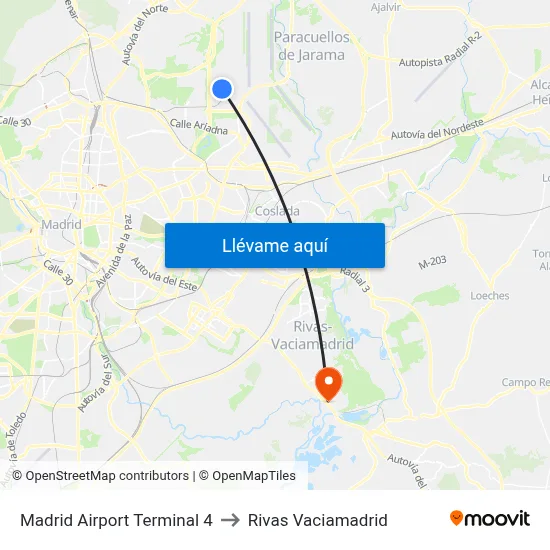 Madrid Airport Terminal 4 to Rivas Vaciamadrid map