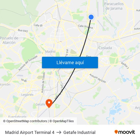 Madrid Airport Terminal 4 to Getafe Industrial map