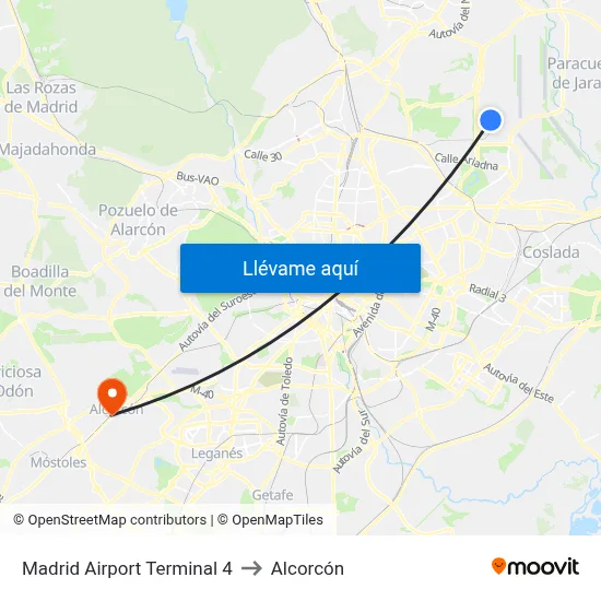 Madrid Airport Terminal 4 to Alcorcón map