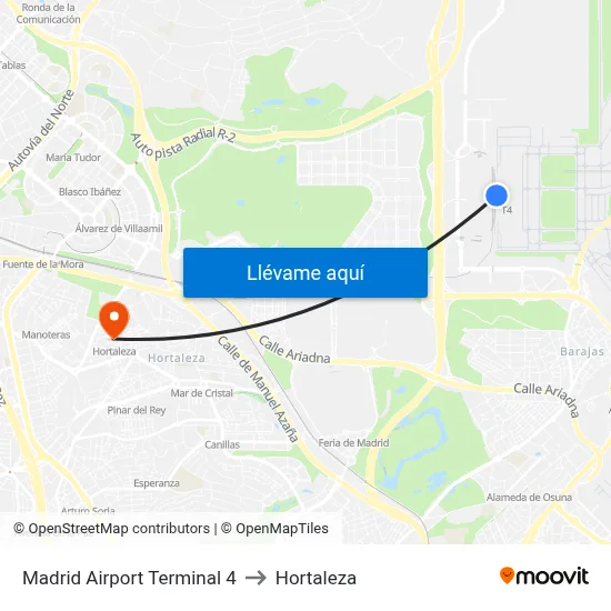 Madrid Airport Terminal 4 to Hortaleza map