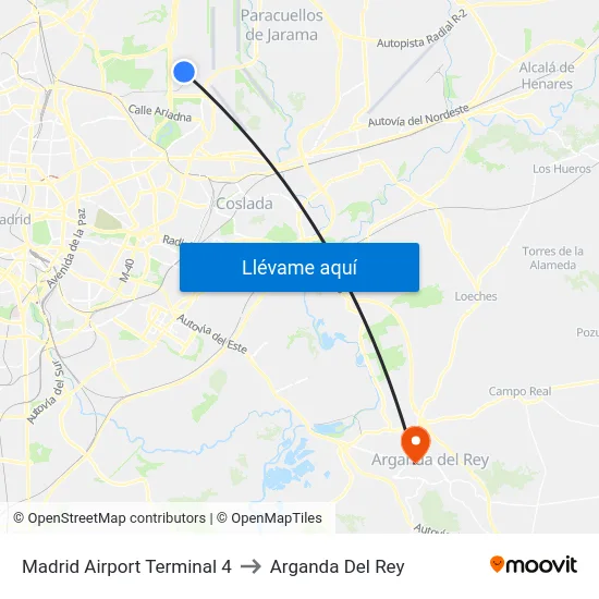 Madrid Airport Terminal 4 to Arganda Del Rey map