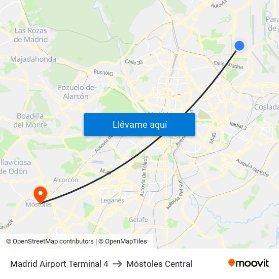 Madrid Airport Terminal 4 to Móstoles Central map