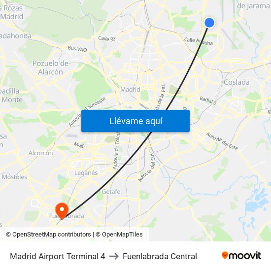 Madrid Airport Terminal 4 to Fuenlabrada Central map