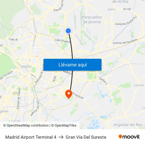 Madrid Airport Terminal 4 to Gran Vía Del Sureste map