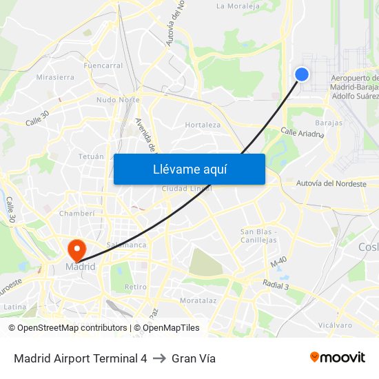 Madrid Airport Terminal 4 to Gran Vía map