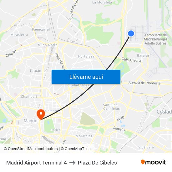 Madrid Airport Terminal 4 to Plaza De Cibeles map