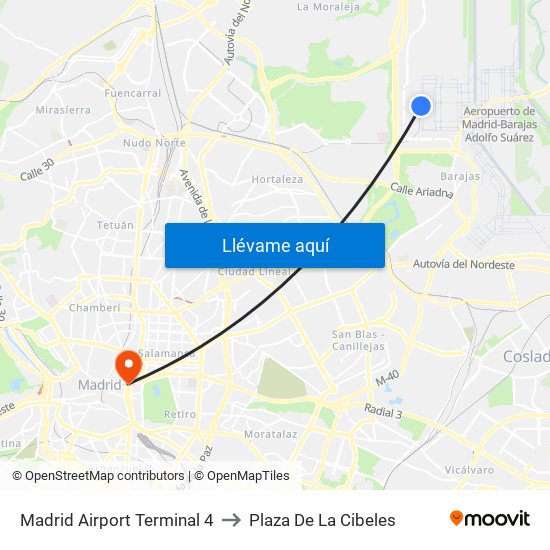 Madrid Airport Terminal 4 to Plaza De La Cibeles map