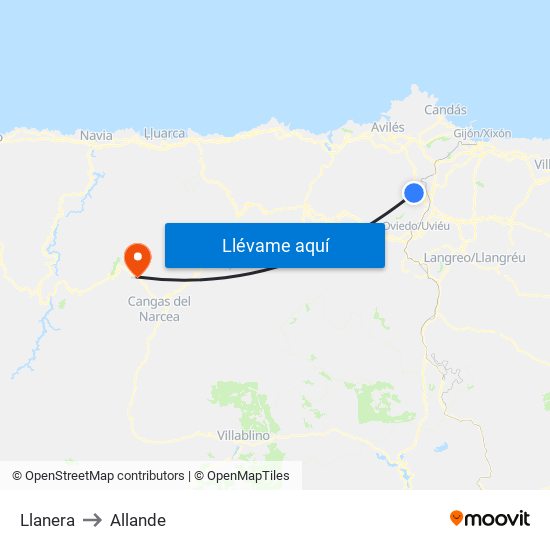 Llanera to Allande map