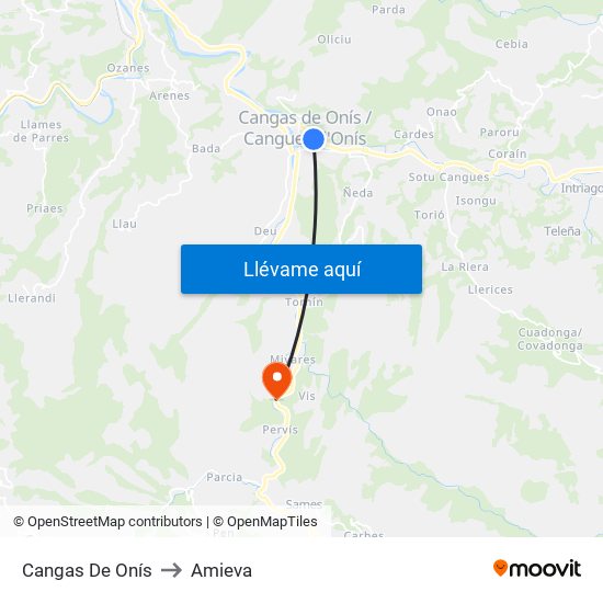 Cangas De Onís to Amieva map