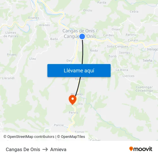 Cangas De Onís to Amieva map