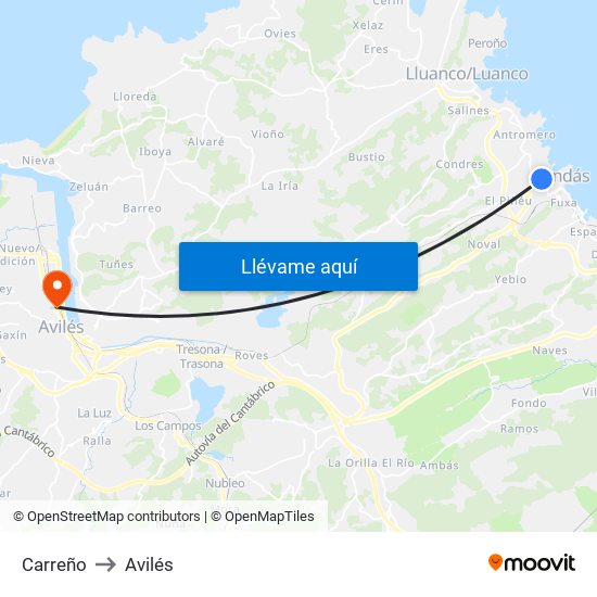 Carreño to Avilés map