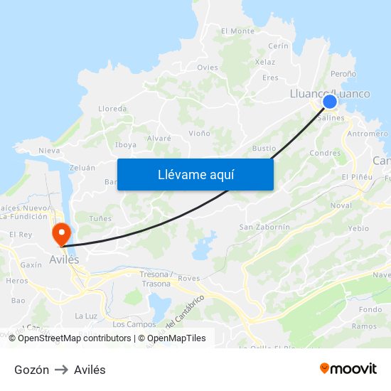 Gozón to Avilés map