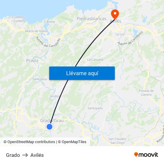 Grado to Avilés map