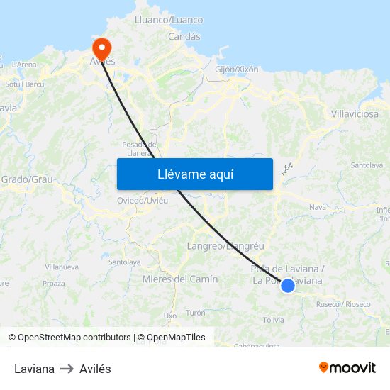 Laviana to Avilés map