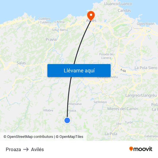Proaza to Avilés map