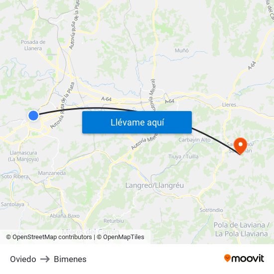 Oviedo to Bimenes map