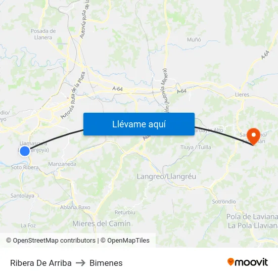 Ribera De Arriba to Bimenes map