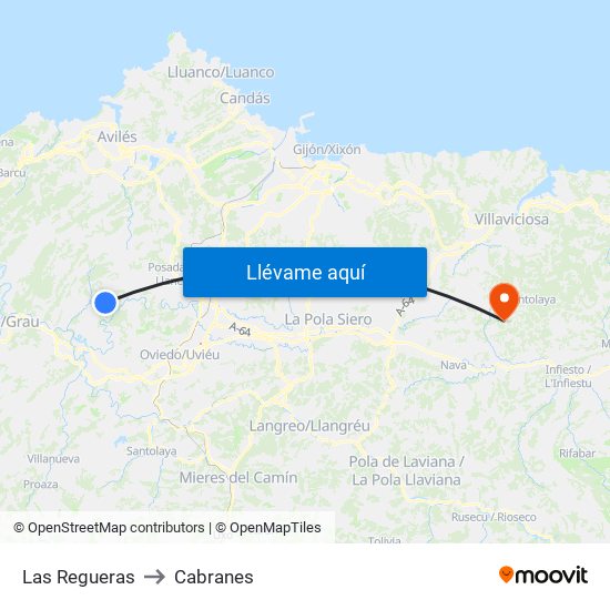 Las Regueras to Cabranes map