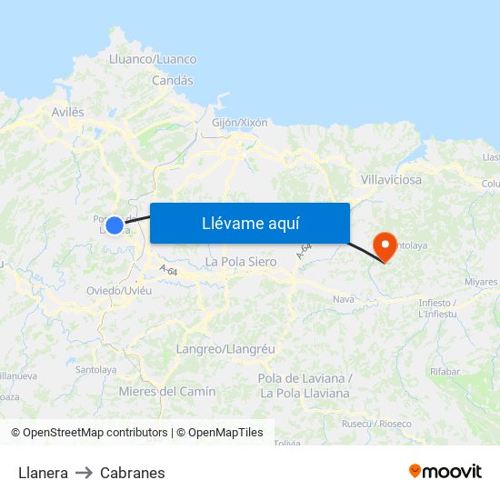 Llanera to Cabranes map