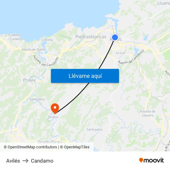Avilés to Candamo map