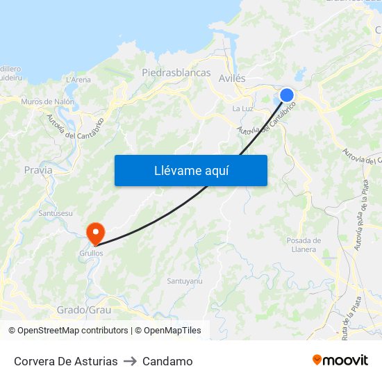 Corvera De Asturias to Candamo map
