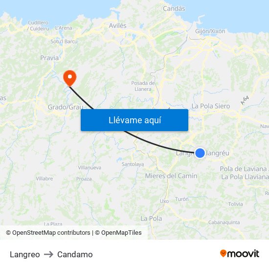 Langreo to Candamo map