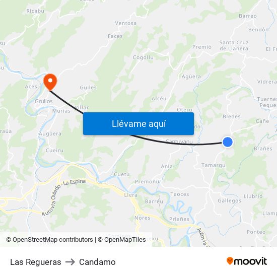 Las Regueras to Candamo map