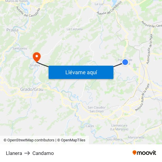 Llanera to Candamo map