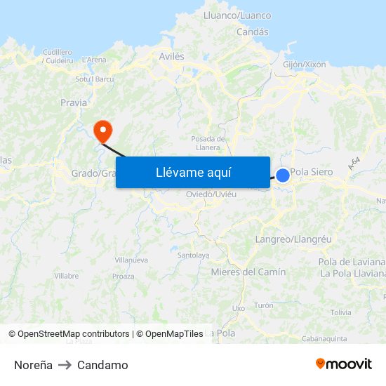 Noreña to Candamo map