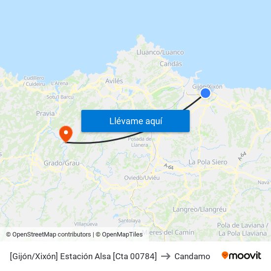 [Gijón/Xixón]  Estación Alsa [Cta 00784] to Candamo map
