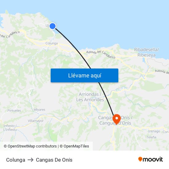 Colunga to Cangas De Onís map