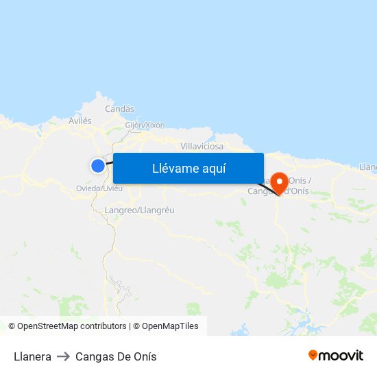 Llanera to Cangas De Onís map
