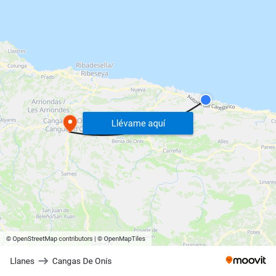 Llanes to Cangas De Onís map